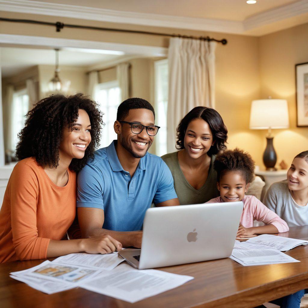 A warm, inviting family scene showcasing a diverse family of four gathered around a table filled with documents and a laptop, discussing insurance quotes with smiles and excitement. In the background, a cozy living room with soft lighting and family photos adds a personal touch. Illustrative icons representing different insurance types (health, home, car) subtly integrated around the scene. Bright and cheerful colors to evoke a sense of security and optimism. super-realistic. warm colors. cozy atmosphere.