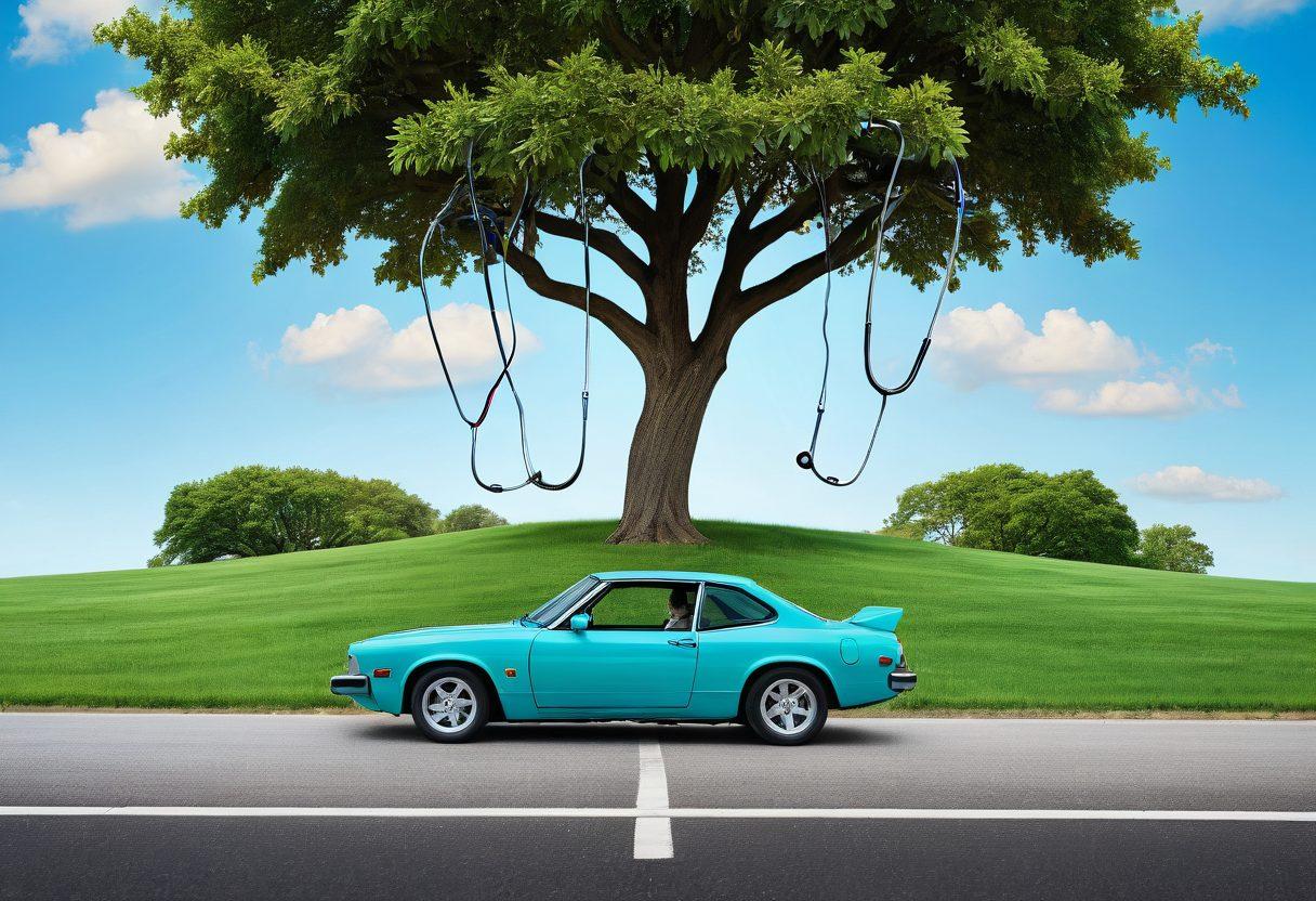 A visually appealing collage depicting symbols of health (a stethoscope), life (a family under a tree), auto (a car with a road), and financial security (a shield with a dollar sign). Each symbol is interconnected with vibrant lines symbolizing comprehensive coverage. The background should be a soft gradient that suggests trust and reliability. super-realistic. vibrant colors.