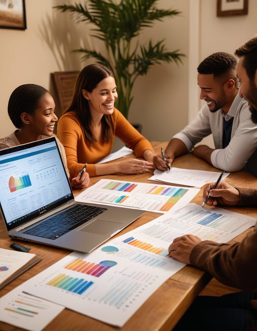 A family gathered around a table, reviewing insurance documents with smiles and a sense of relief. The scene depicts diverse family members of various ages, emphasizing unity and financial security. A laptop displays a comparison chart of insurance options, with charts and paperwork scattered around. Warm lighting creates a comforting atmosphere, enhancing the theme of guidance and protection. soft focus. warm colors.